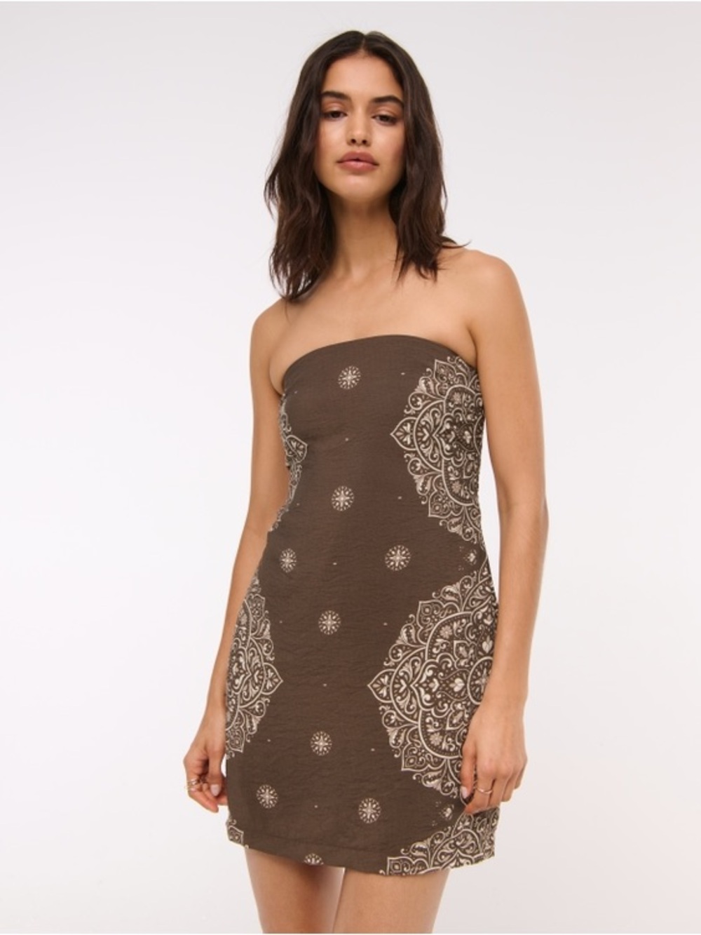 Abercrombie & Fitch Brown Strapless Mini Dress with Cream Print